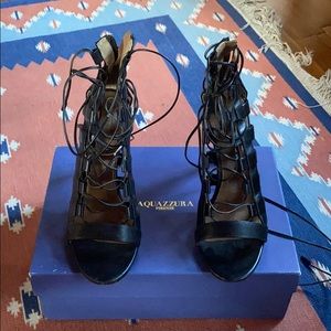 Aquazzura black leather tie up heels